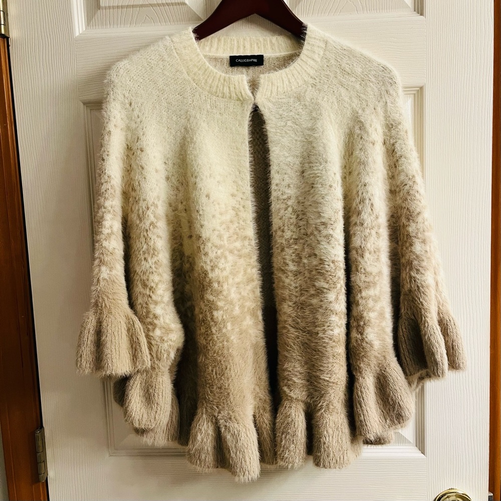 Chunky Knit Cape Shawl Sweater Cream Tan Soft Cozy
